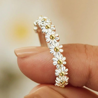 Adjustable Silver Daisy Ring with Hand-Painted Enamel
