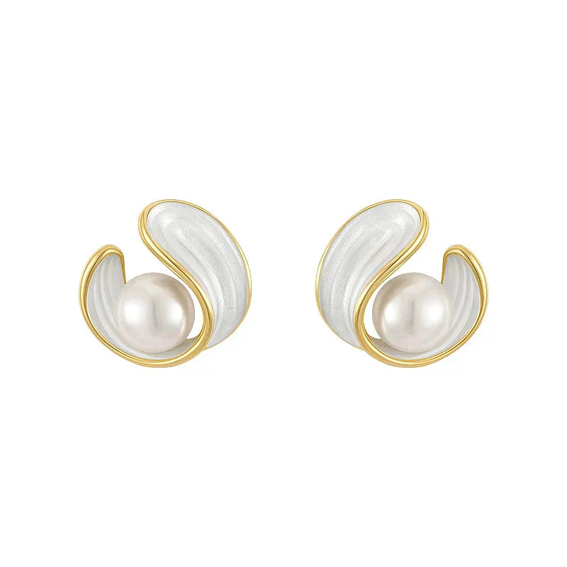 Elegant Gold Earrings with White Opal and Pearls