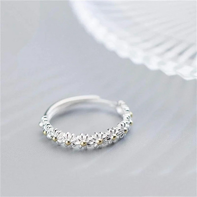Adjustable Silver Daisy Ring with Hand-Painted Enamel