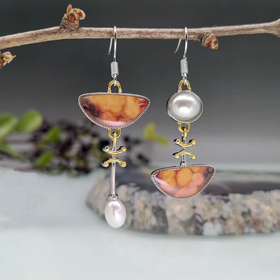 Retro Style Earrings with Natural Orange Gemstones