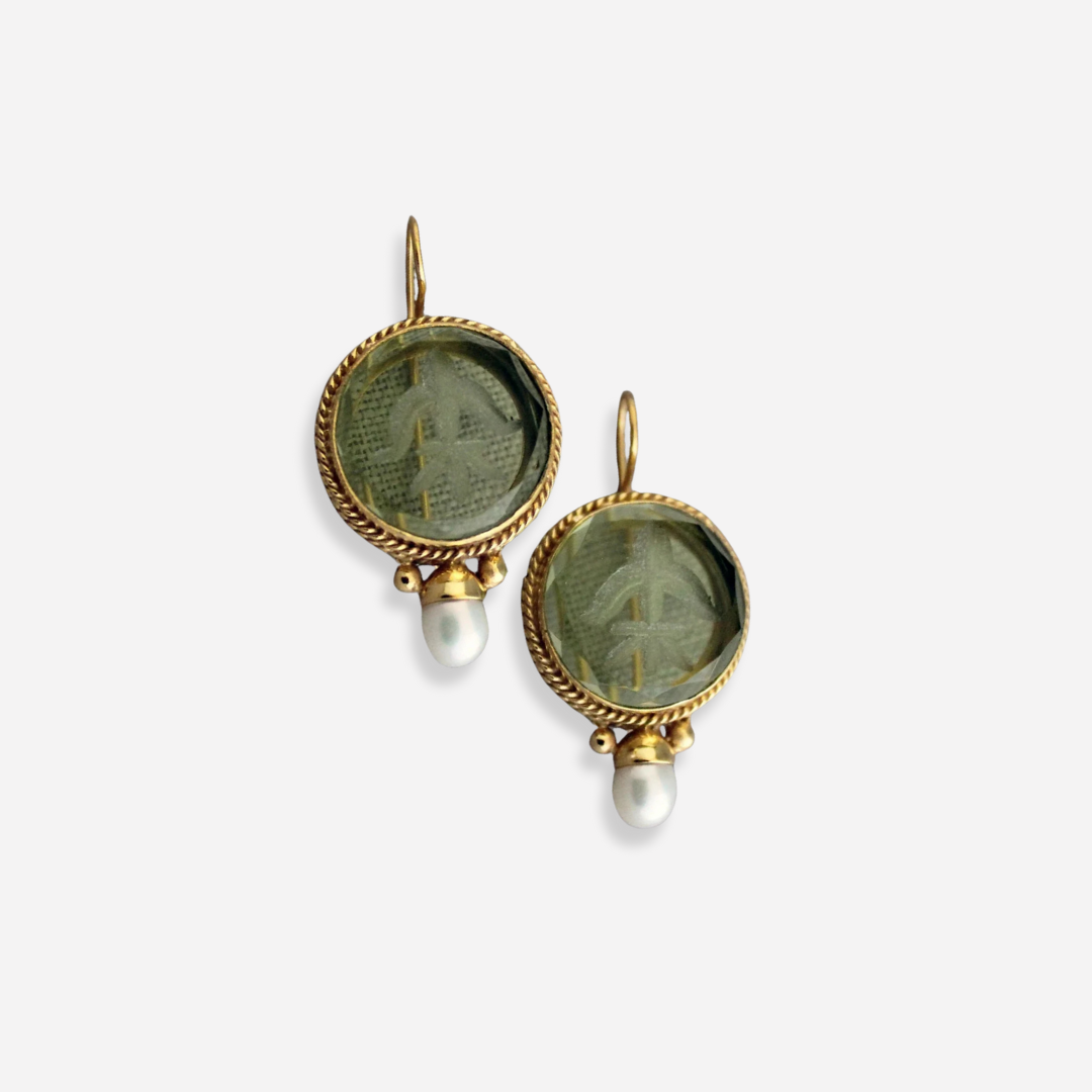 Vintage Round Green Stone Bead Earrings