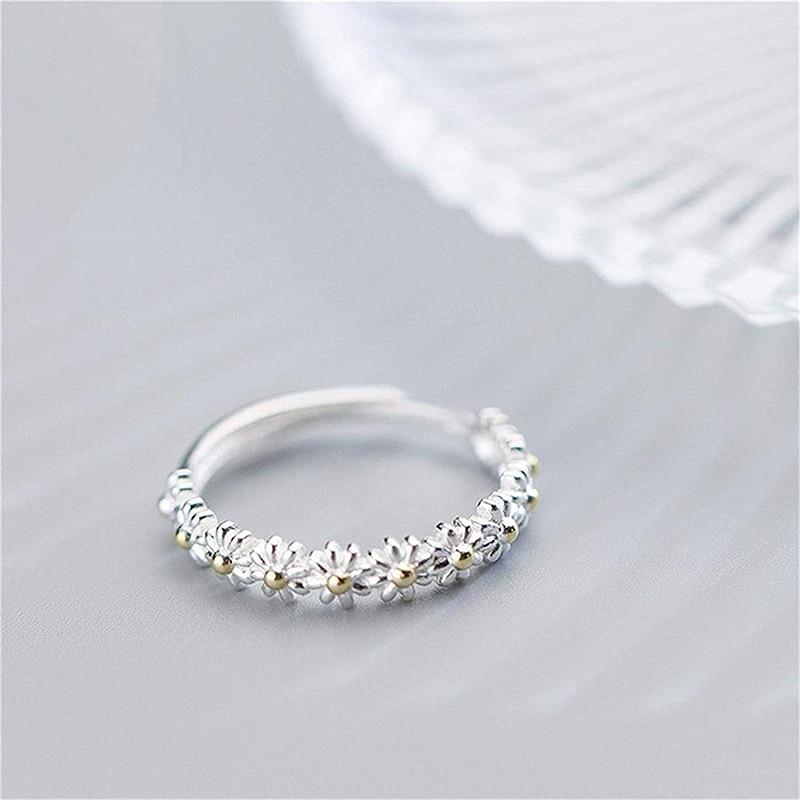 Adjustable Silver Ring with Handmade Enamel and Daisy Pattern