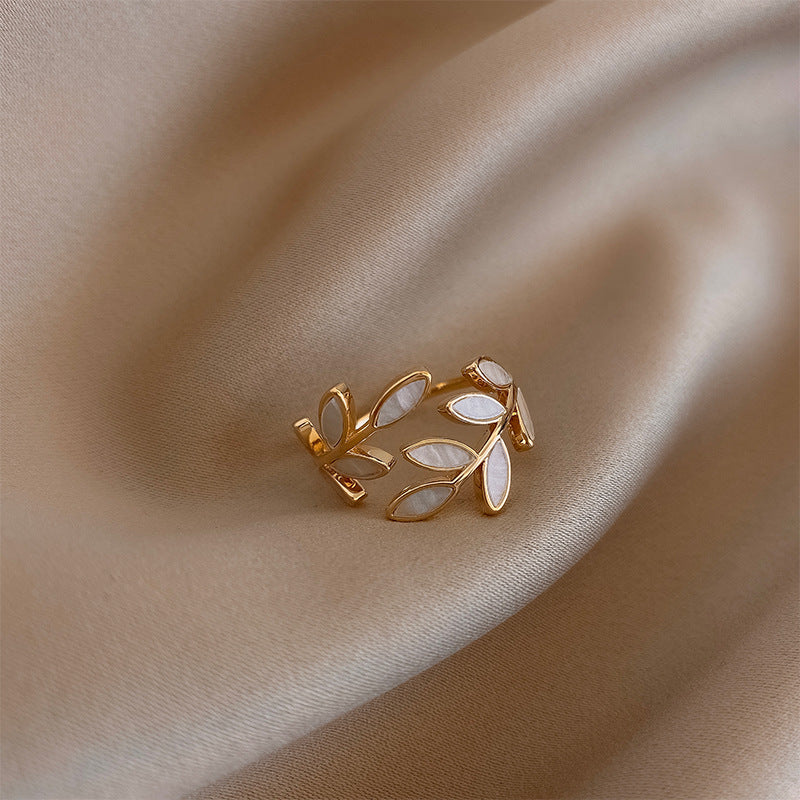 Adjustable Gold Ring with Leaves and White Opal