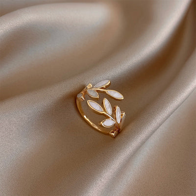Adjustable Gold Ring with Leaves and White Opal