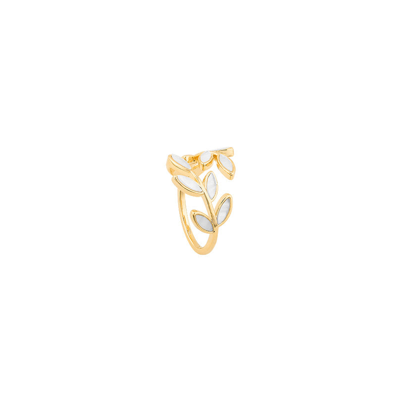 Adjustable Gold Ring with Leaves and White Opal