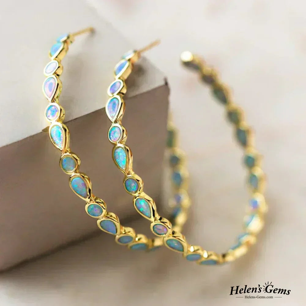 Vintage Blue Opal Gold Circle Earrings